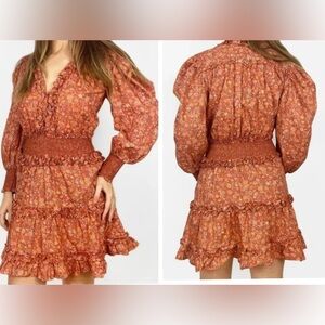 House of Harlow 1960 Wallis Rust Floral Ruffle Smocked Mini Dress | Size
